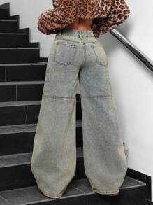SHEIN PETITE Women's Fashionable Versatile Washed Denim Wide Leg Jeans - Light Wash - View 3