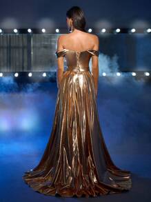 Glamrae Elegant Champagne Metallic Off-Shoulder Long Sleeve Luxury Rhinestone Decor A-Line Dress, Adjustable Waist Tie, Suitable For Formal/Evening Occasions - Champagne - View 3