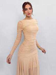 Aloruh 女士优雅简约通勤保暖连衣裙基础款针织长袖连衣裙卡其色网眼褶皱不对称下摆针织连衣裙紧身连衣裙长裙 - 卡其色 - 查看 5