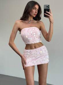 Aloruh Women Sparkle Patchwork Cropped Bandeau Top And Bodycon Mini Skirt 2 Pieces Set, Elegant Fashion