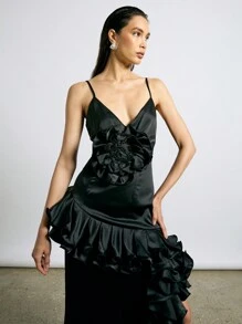 AiiRZ Boho Plunge Neck Ruffle Hem Maxi Dress With Corsage