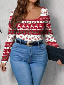 Glamance Polina Brazil Women Red Plus Size T-Shirts Long Sleeve Round Neck Casual Animal,Christmas,Letter Summer Outfits For Women Graphic Tee For Women Going Out