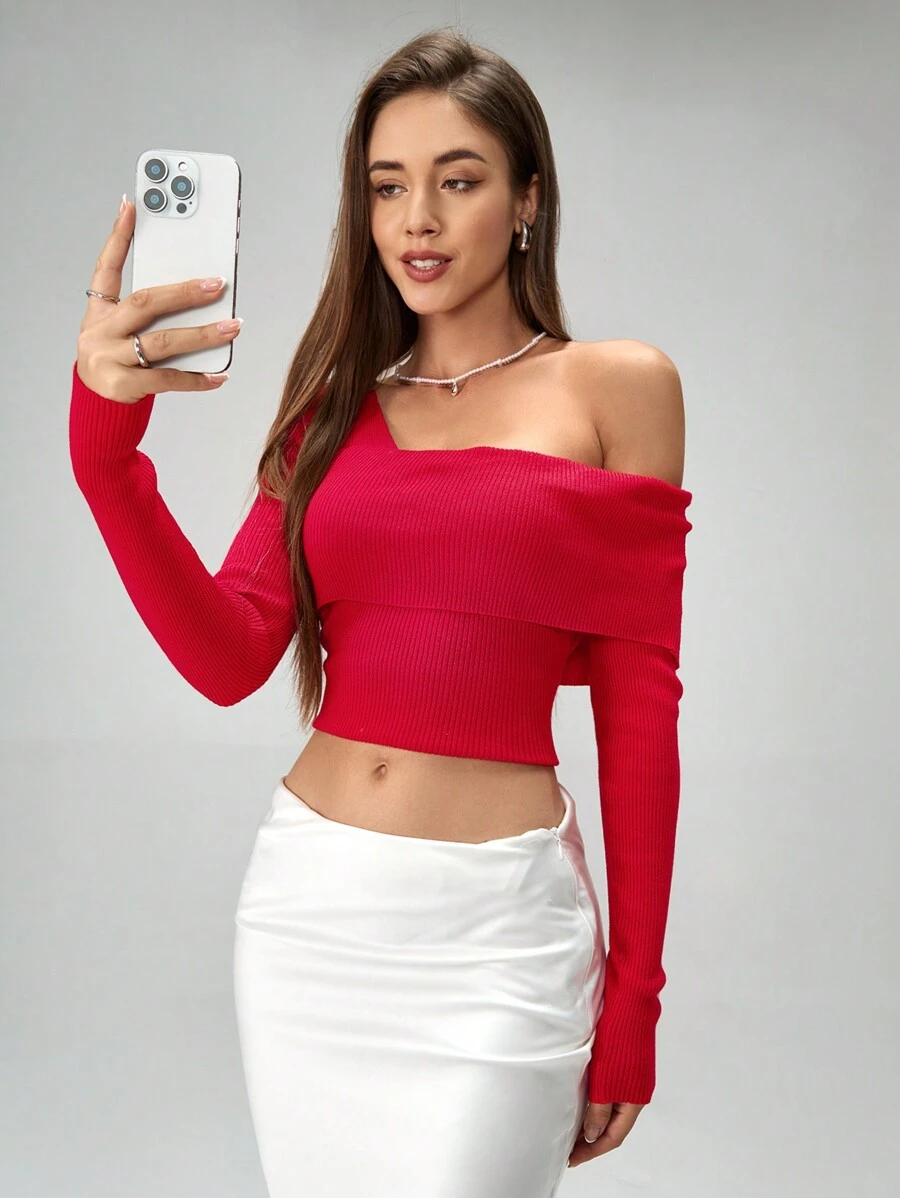 Chiquease Women's Solid Color Soft Asymmetrical Collar Casual Elegant Fitted Sweater, Autumn/Winter Knit Pullover Fall Outfit