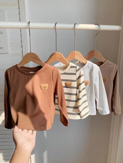 4pcs/Set Baby Boys & Girls Cute Knitted Elastic Striped Cartoon Pattern Long Sleeve Basic T-Shirts, Autumn/Winter