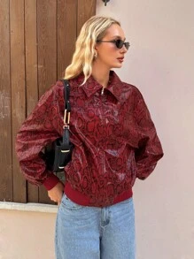 SHEIN EZwear Women's Autumn Snake Print Dropped Shoulder Long Sleeve Zipper Placket Fashion Jacket