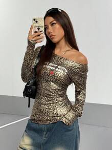 StreetHx 街头服饰女款豹纹仿PU字母印花长袖T恤图案猎豹印花T恤女款春季上衣 - 棕色 - 查看 1