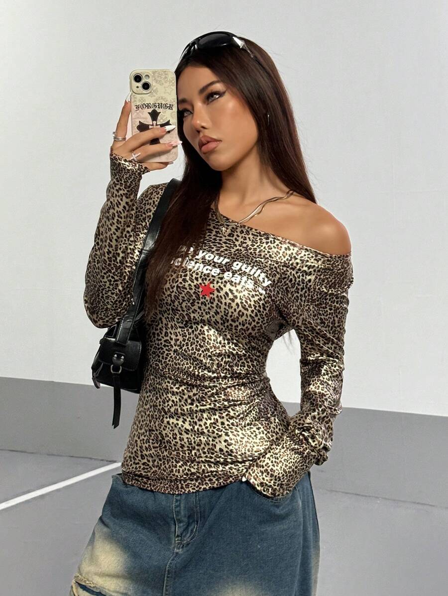 StreetHx 街头服饰女款豹纹仿PU字母印花长袖T恤图案猎豹印花T恤女款春季上衣 - 棕色 - 查看 1