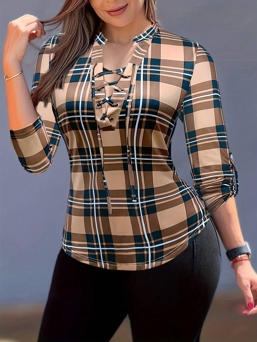 EMERY ROSE Women's Plaid Notch Neck Criss Cross Tie Short Sleeve T-Shirt With Rolled Cuffs For Spring Graphic Tees Women Tops - Brown - View 1