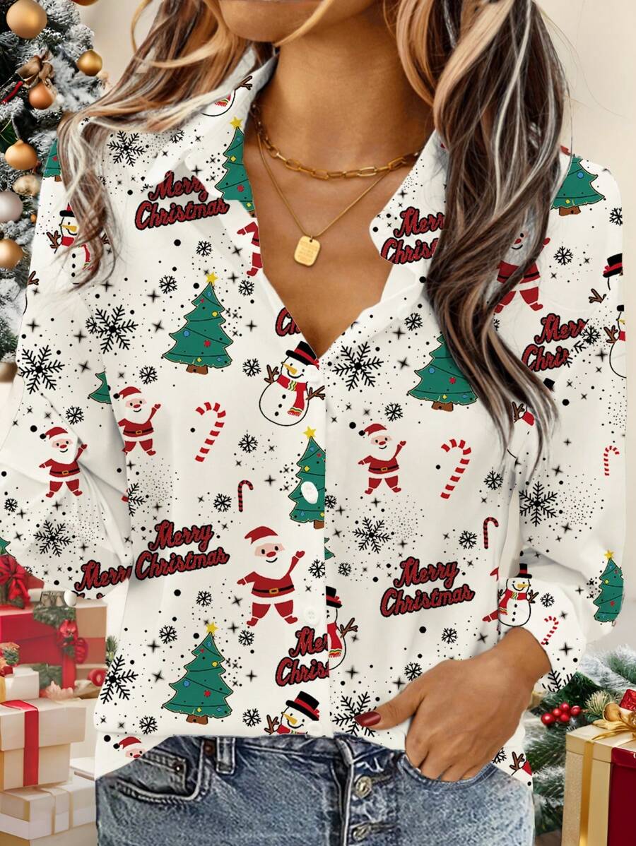 EMERY ROSE Women's Christmas Santa Claus & Christmas Tree Print Long Sleeve Collared Shirt, Suitable For Autumn/Winter,Long Sleeve Tops - Multicolor - View 1