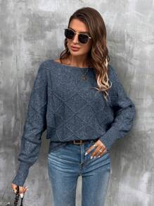 SHEIN LUNE Áo len tay cánh dơi đơn giản thường ngày cho nữ, mùa thu/đông - Màu xanh lam - Xem 6