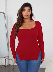 SHEIN Essnce 大码套头衫圆领长袖开衩下摆针织纯色 - 紅色 - 查看 5