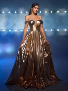 Glamrae Elegant Champagne Metallic Off-Shoulder Long Sleeve Luxury Rhinestone Decor A-Line Dress, Adjustable Waist Tie, Suitable For Formal/Evening Occasions - Champagne - View 4