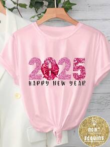 SHEIN EZwear Casual Minimalist Faux Glitter Bow 2025 Printed Pattern Pink Round Neck Short Sleeve Loose Women T-Shirt, Suitable For 2025 New Year Festive Tops - Pink - View 1
