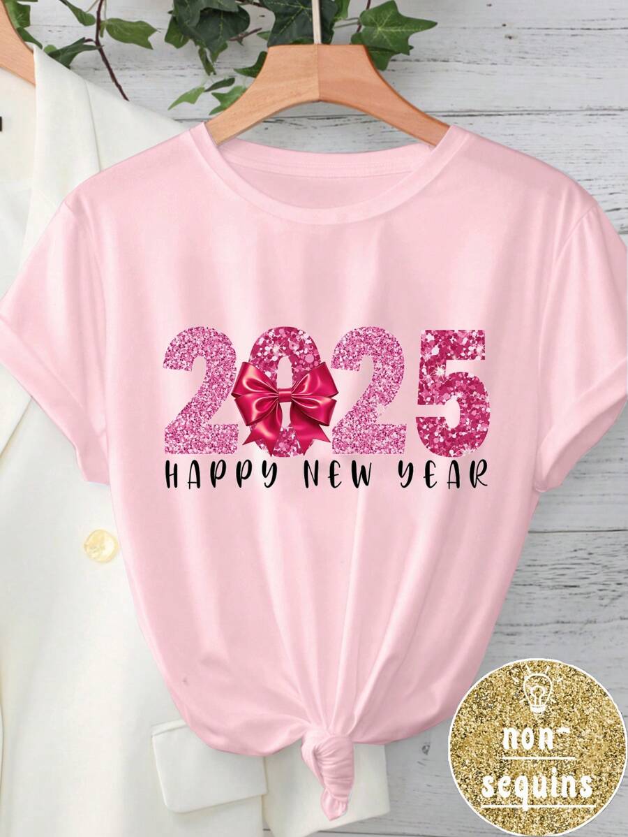 SHEIN EZwear Casual Minimalist Faux Glitter Bow 2025 Printed Pattern Pink Round Neck Short Sleeve Loose Women T-Shirt, Suitable For 2025 New Year Festive Tops - Pink - View 1