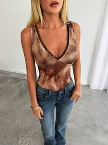 Aloruh Áo ba lỗ in họa tiết tie dye cổ chữ V viền ren gợi cảm mới cho nữ - Nhiều màu - Xem 5