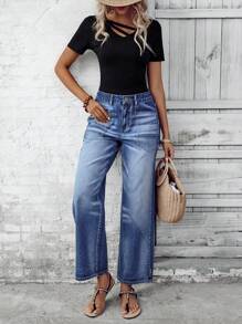 SHEIN LUNE Color Blocking Pocket Casual Versatile Wide-Leg Jeans Thickened Denim - Blue - View 4