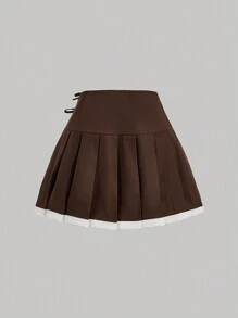 SHEIN MOD Falda gris plisada con aplicaciones de encaje y moño, prenda de verano versátil