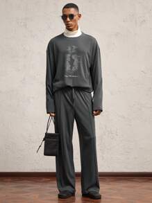 AKNOTIC Business Casual 2pcs/Set Men's Loose Fit Crew Neck Long Sleeve Knitted T-Shirt & Pants Suits - Dark Grey - View 1