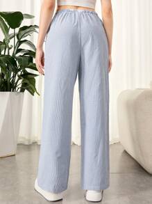 SHEIN 少女夏季鬆身款海軍藍白條紋長褲 - 藍白色 - 查看 2