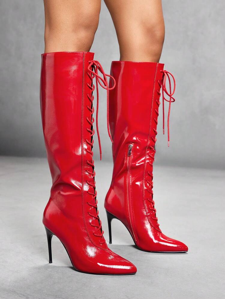 CUCCOO SZL Women's Red Pointed Toe Thigh High Boots And Mid-Calf Boots, Fashion High Heel Boots, Suitable For Night Out Outfit, Christmas And New Year Party