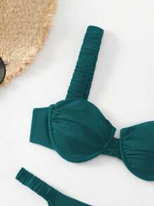 SHEIN Swim 纯色褶皱设计钢圈性感比基尼套装夏季 - 水鴨藍 - 查看 3