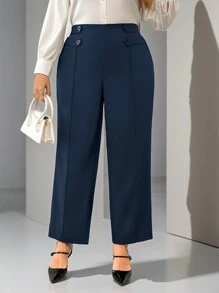 Firerie Pantalones rectos elegantes de pierna en forma de palillo con diseño de botón en la cintura para mujeres de talla grande de un solo color