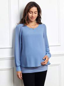 SHEIN Áo thun bà bầu cổ tròn tay dài màu trơn tối giản, mặc thường ngày - Màu xanh lam - Xem 5