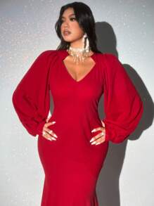 Viva Relle Plus Size Fitted V-Neck Mermaid Dress, Solid Color For New Year Clothes Maxi Women Outfit