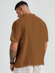 Mainfolk Plus Size Plain Button Front Casual Woven Short Sleeve Shirt - Brown - View 2