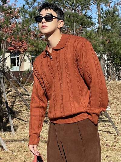 Suéter Tricotado de Cor Sólida Casual Masculino, Outono/Inverno