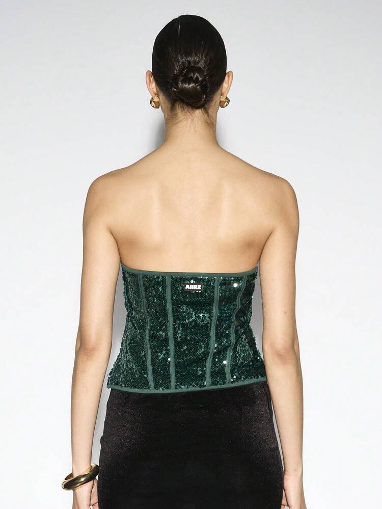 Top corset con lentejuelas cautivador para el Día de San Patricio, top bustier sin tirantes, fiesta de noche con temática irlandesa, verde esmeralda con brillo, ocasión especial, festivo, vacaciones, ajustado, ropa de club