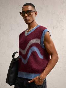 AKNOTIC Party 男士勃艮第撞色波浪纹针织宽松 V 领无袖毛衣背心，适合秋冬季休闲或派对穿着 - 酒紅色 - 查看 4