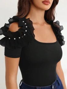 SHEIN Privé Fitting shirt Met Franjestrim Vierkante hals En Uitgeholde