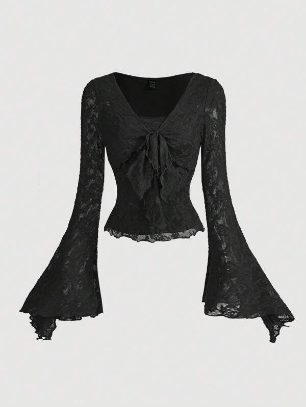 SHEIN MOD Black Romantic And Elegant Front Tie Shirt, Lovely Women's T-Shirt, Autumn And Winter Hollow Out Clothing Women's Clothing Pirate Top Princess Women's Clothing Out Top