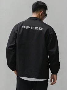 DAZY Men's Letter Print Patchwork Black Jacket, Autumn - Black - View 2