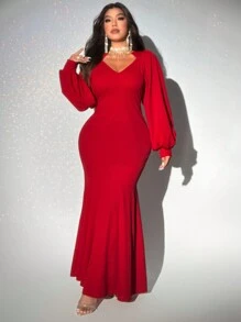 Viva Relle Plus Size Fitted V-Neck Mermaid Dress, Solid Color For New Year Clothes Maxi Women Outfit