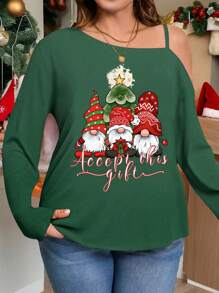 SHEIN LUNE Plus Size Christmas Santa's Elves Pattern Autumn Asymmetrical Shoulder T-Shirt Top - Green - View 2