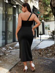 Celure Unique One-Shoulder Bandeau Floral 3D Applique High Slit Bodycon Dress, Plus Size