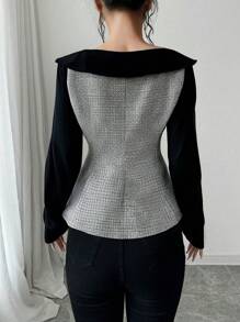 SHEIN Unity 女式拼色彼得潘领格子印花优雅长袖衬衫 - 黑色 - 查看 2
