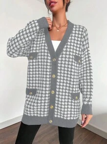 EURMUSE Women All-Over Print Front Button Color Blocking Long Sleeve Knit Cardigan - Light Grey - View 5