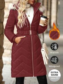 SHEIN Clasi Abrigo acolchado con capucha y cuello de piel para mujer, con cintura ceñida, de longitud media