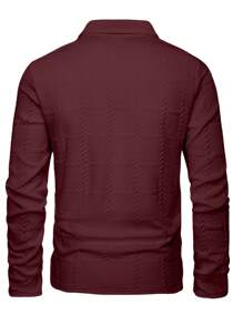 Manfinity Homme 男士提花面料纽扣门襟长袖 Polo 衫，春秋，白色纽扣男士 Polo 衫 - 酒紅色 - 查看 2