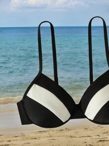 SHEIN Swim 2 件套女士撞色细肩带钢圈文胸比基尼套装夏季 - 黑與白 - 查看 5