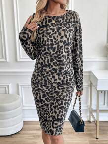 SHEIN Clasi 冬季优雅女士长袖针织弹力复古豹纹T恤和复古豹纹针织弹力裙两件套