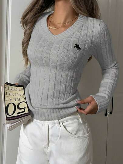 CovetEZ 女式 V 领长袖休闲骑士图案毛衣，秋冬季，长袖上衣