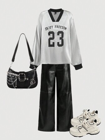 SHEIN MOD Silbernes vintage sportliches Damen Sweatshirt, Jersey Oversize T-Shirt für Herbst/Winter, Basketball Shirt