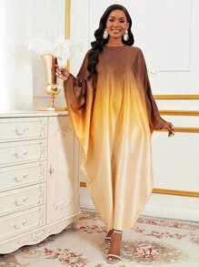 Lyxana 女士渐变色圆领蝙蝠袖长袖宽松时尚连衣裙，秋季长款缎面女装 - 彩色 - 查看 3