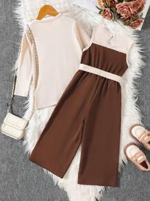 2 Stücke/Set Kleine Mädchen Rippstrick Strickjacke und Jumpsuit mit Taillengürtel, Frühling/Herbst