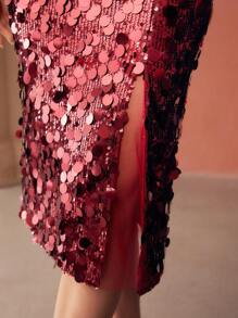 MOTF PREMIUM SEQUIN HIGH SLIT SKIRT - Burgundy - View 6