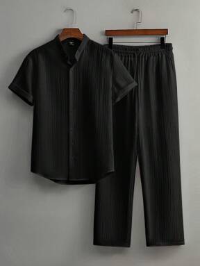 Manfinity Homme 2pcs Men Casual Solid Color Textured Short Sleeve Shirt And Drawstring Waist Loose Straight-Leg Pant Set,Men Two Piece Outfits,Fall And Winter Men Clothes,White Set